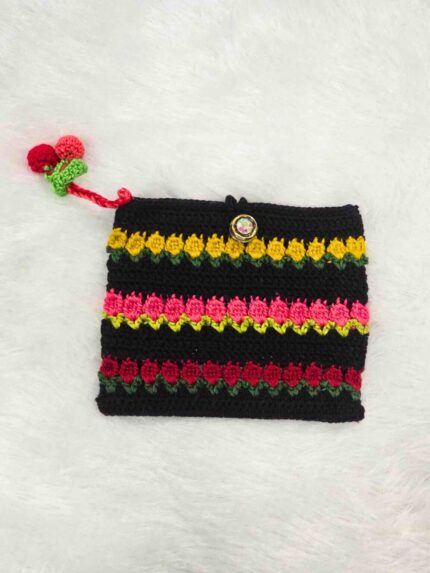 Black Crochet Clutch with Floral Stripes